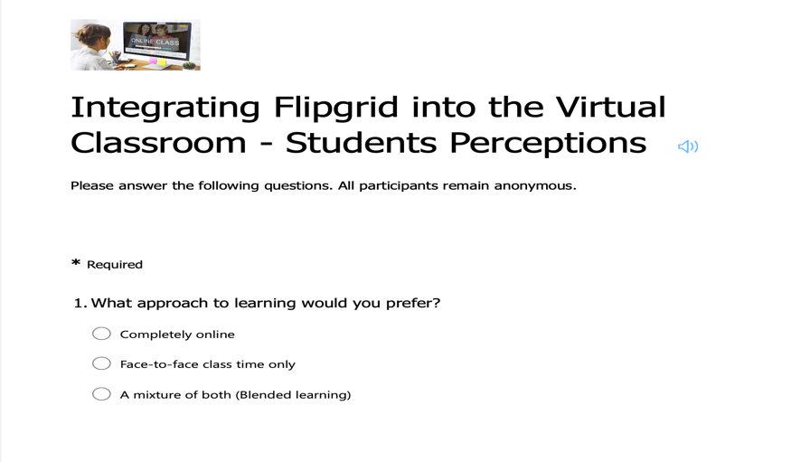 Image showing first question asking what approach to learning is preferred - completely online, face to face only or a mixture of both i.e. blended